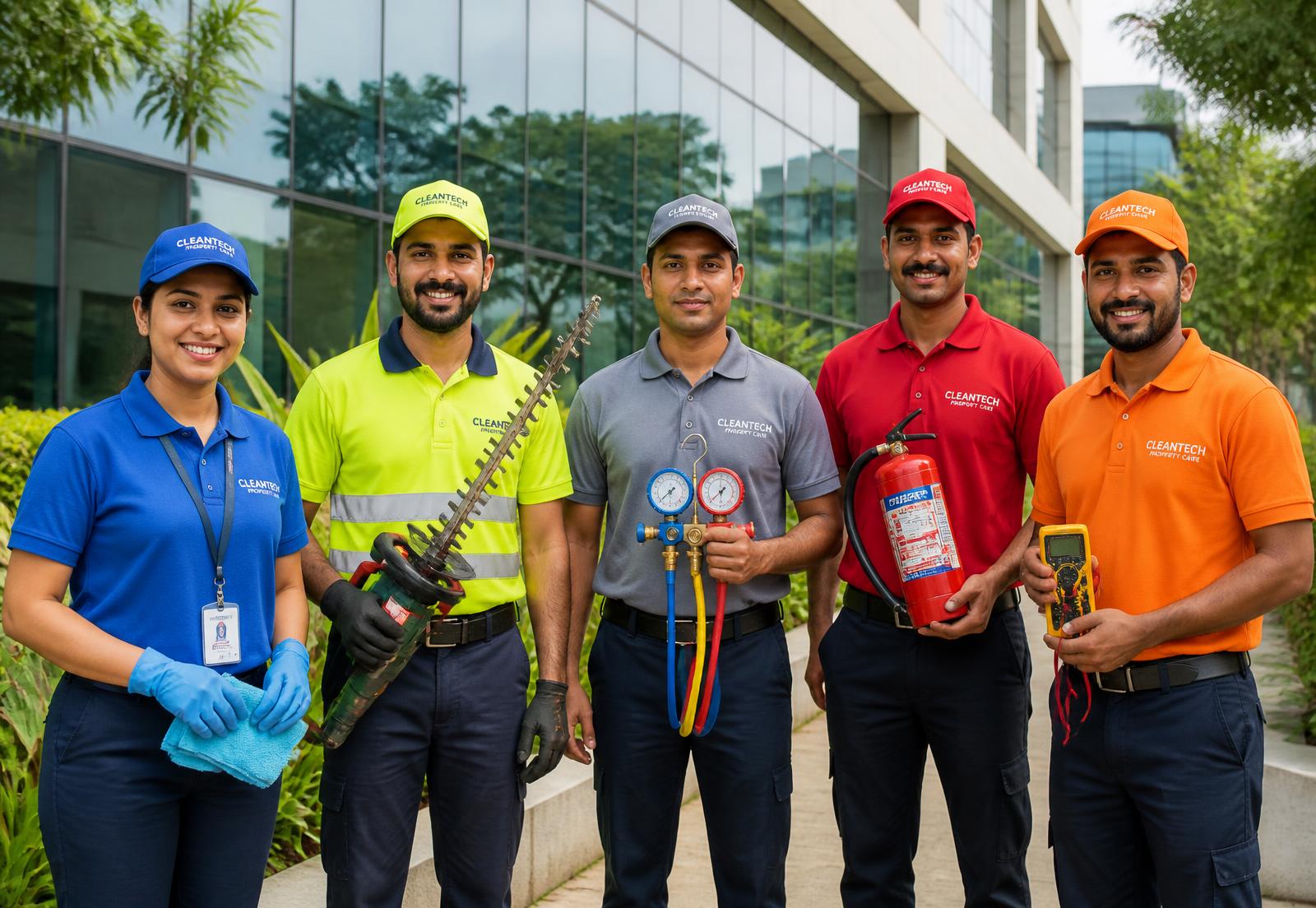 Candoo Crew technicians in branded uniforms outside a commercial building